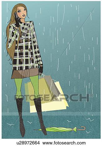 Woman caught in the rain with her shopping bags talking on the mobile phone View Large Illustration Stock Illustration - Woman caught in the rain with her shopping bags talking on the mobile phone. Fotosearch