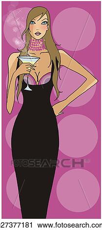 Clip Art - Woman in a formal dress holding a martini. Fotosearch