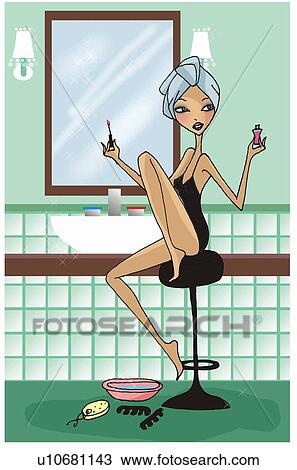 Drawing - Woman in bathroom doing a pedicure. Fotosearch