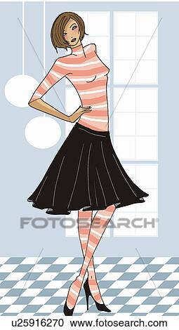 Woman in skirt and matching stripes posing in front of window View Large Illustration Clipart - Woman in skirt and matching stripes posing in front of window. Fotosearch
