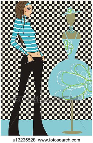 Woman looking at a dress in a store View Large Illustration Stock Illustration - Woman looking at a dress in a store. Fotosearch