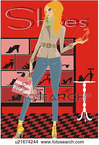 Stock Illustration - Woman looking at shoes in a shoe store. Fotosearch