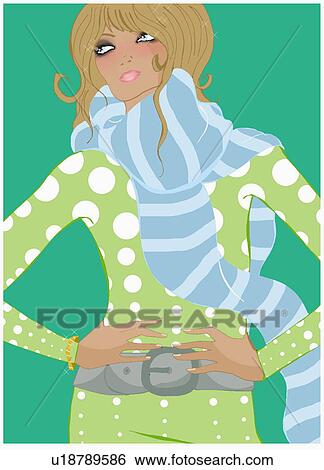 Woman modeling a winter outfit with scarf View Large Illustration Stock Illustration - Woman modeling a winter outfit with scarf. Fotosearch