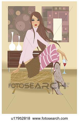 Woman sitting in a living room with a drink in her hand View Large Illustration Stock Illustration - Woman sitting in a living room with a drink in her hand. Fotosearch