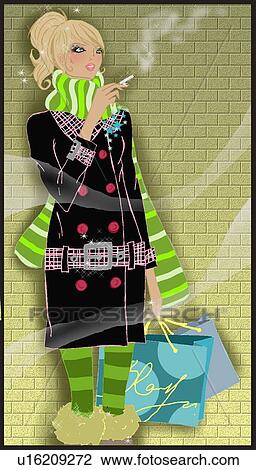 Drawing - Woman taking a break from shopping with her cigarette. Fotosearch