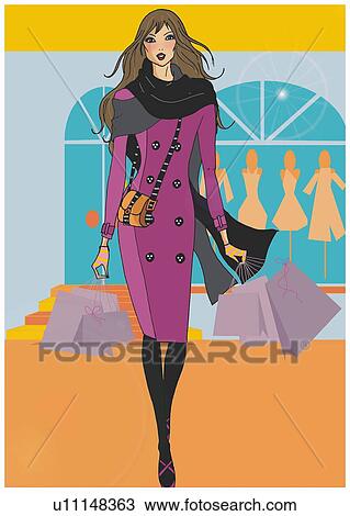 Woman walking in front of a store in winter coat and shopping bags View Large Illustration Drawing - Woman walking in front of a store in winter coat and shopping bags. Fotosearch