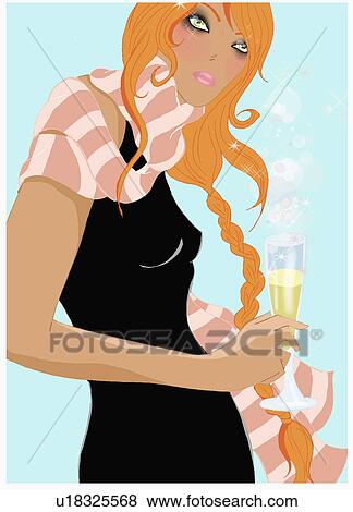 Stock Illustration - Woman with long braid and drink in her hand. Fotosearch