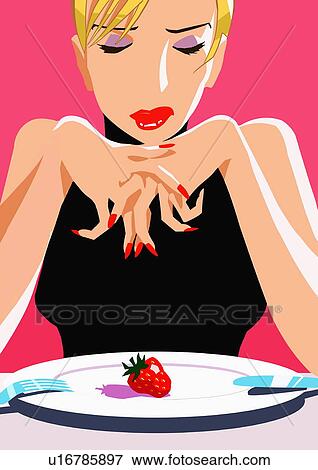 Woman with one strawberry on her plate View Large Illustration Stock Illustration - Woman with one strawberry on her plate. Fotosearch