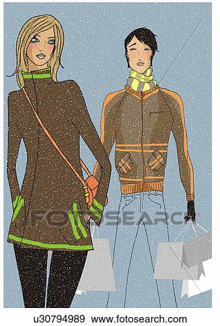 Young couple on a shopping trip in the snow View Large Illustration Stock Illustration - Young couple on a shopping trip in the snow. Fotosearch
