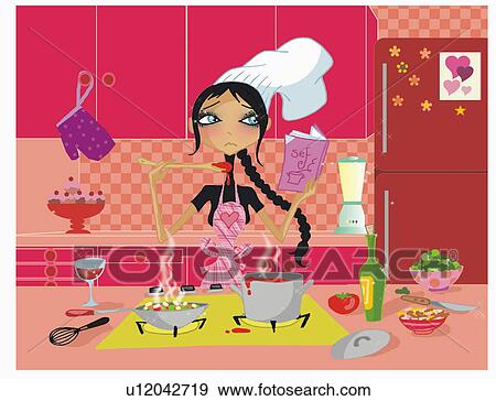 Stock Illustration - Young woman cooking a complicated dinner. Fotosearch