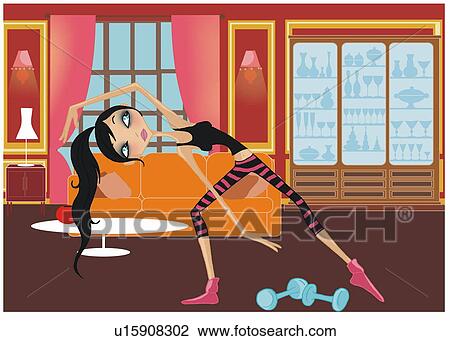 Drawing - Young woman doing a yoga extended angle pose in her living room. Fotosearch