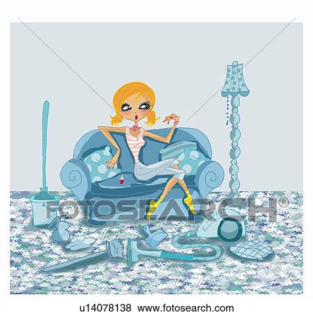 Stock Illustration - Young woman doing nails on couch instead of cleaning. Fotosearch
