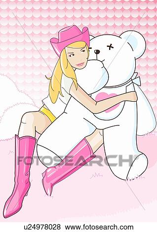 Stock Illustration - Young woman dressed in cowboy outfit with teddy bear. Fotosearch