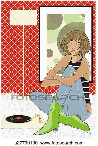 Clipart - Young woman on rug with her record player. Fotosearch