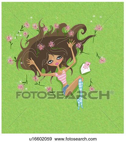 Stock Illustration - Young woman opening Valentine's card. Fotosearch