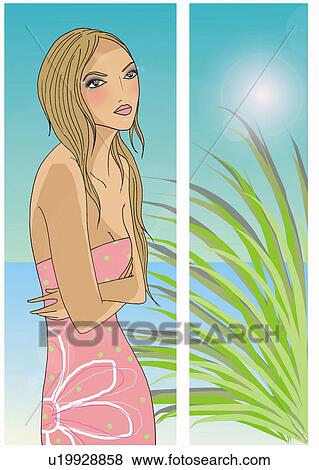Stock Illustration - Young woman pensive with her arms folded in a tropical setting. Fotosearch