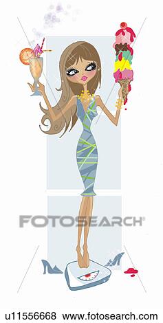 Stock Illustration - Young woman with a drink and a large ice cream cone weighing herself. Fotosearch