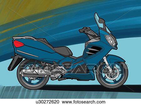 Blue scouter motorbike with blue and green background View Large Illustration Clipart - Blue scouter motorbike with blue and green background. Fotosearch