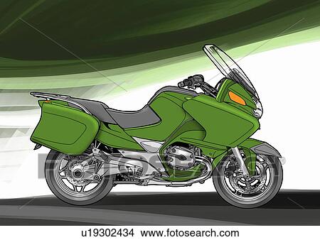 Stock Illustration - Dark green street grand tourismo motorbike with green and white background. Fotosearch