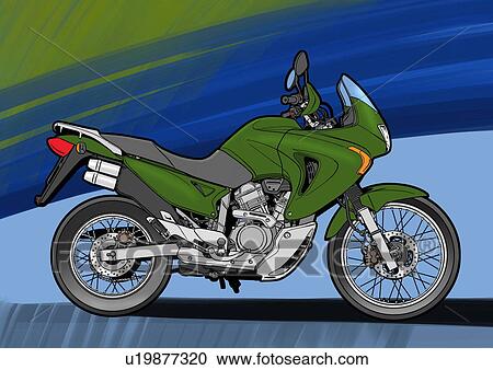 Clipart - Dark green super enduro motorbike with blue and green background. Fotosearch