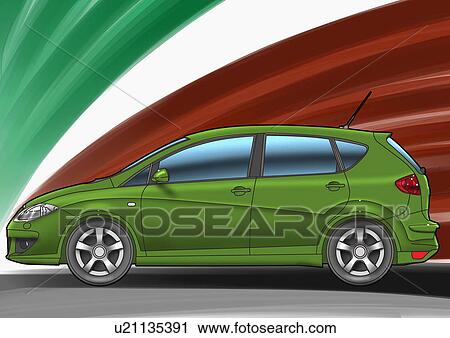 Green four-door hatchback with green, red, and white background View Large Illustration Clip Art - Green four-door hatchback with green, red, and white background. Fotosearch