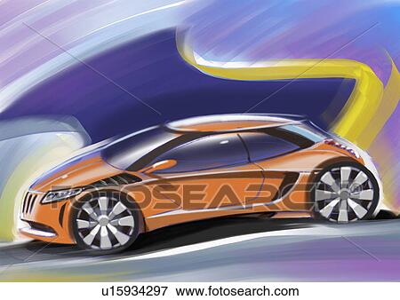 Stock Illustration - Orange sports car with blue and yellow background. Fotosearch