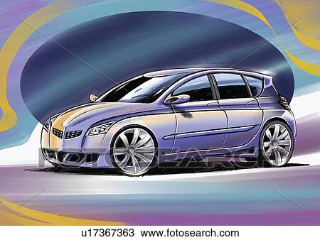 Purple Four Door Car With Blue And Yellow Background Drawing