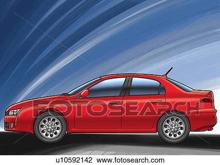 Red Four Door Sports Car With Blue Background Drawing