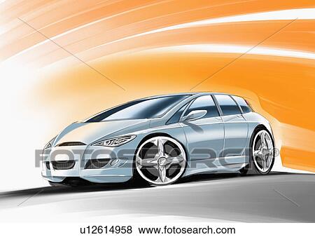 Stock Illustration - Silver sports car with orange background. Fotosearch