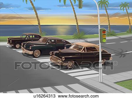Three vintage black cars waiting at traffic light View Large Illustration Drawing - Three vintage black cars waiting at traffic light. Fotosearch