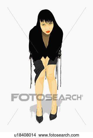 若い女性 服を着せられる 中に 黒 で 赤い口紅 先に 傾斜 イラスト U Fotosearch