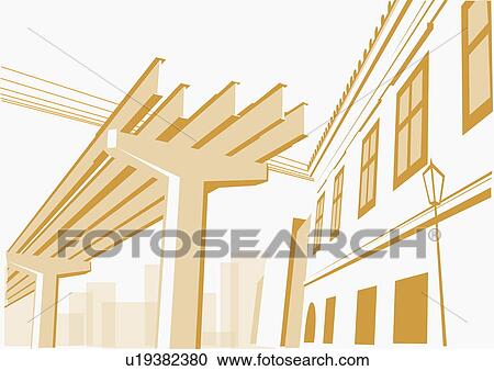 Classic buildings next to elevated tracks View Large Illustration Clipart - Classic buildings next to elevated tracks. Fotosearch