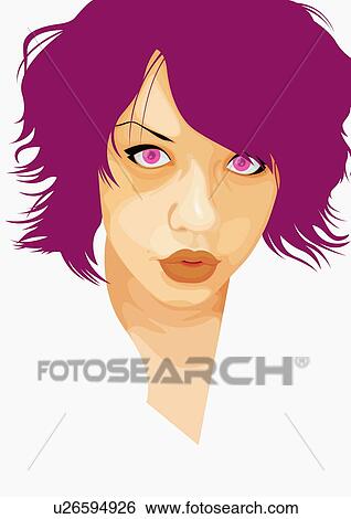 Stock Illustration - Closeup of trendy young woman with purple hair and eyes. Fotosearch