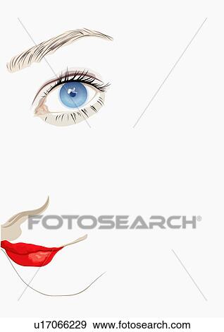Closeup of woman's features with lipstick and blue eye View Large Illustration Stock Illustration - Closeup of woman's features with lipstick and blue eye. Fotosearch