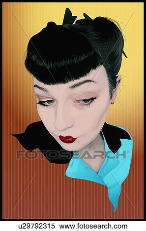 Stock Illustration - Portrait of trendy young woman with short bangs and pursed lips. Fotosearch