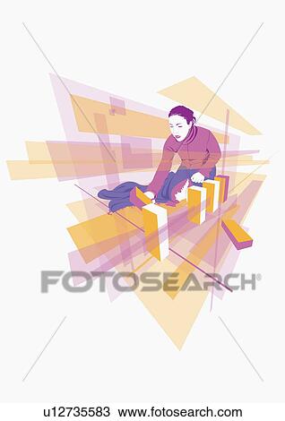 Drawing - Woman crouching on ground with building blocks. Fotosearch