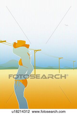Woman in bikini and cowboy hat View Large Illustration Drawing - Woman in bikini and cowboy hat. Fotosearch