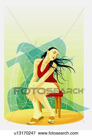 Stock Illustration - Woman with wild hair sitting in front of an abstract pattern. Fotosearch