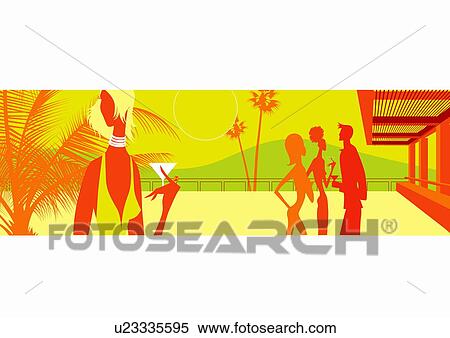 Stock Illustration - Women and men at an outdoor cocktail party. Fotosearch