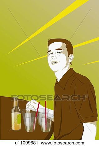 Young man standing at the bar with drinks View Large Illustration Clip Art - Young man standing at the bar with drinks. Fotosearch