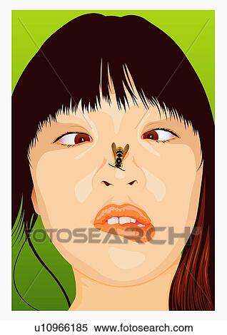 Young woman grimacing crosseyed with bee on her nose View Large Illustration Stock Illustration - Young woman grimacing crosseyed with bee on her nose. Fotosearch