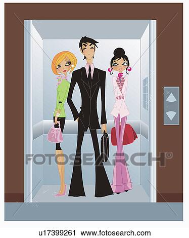 Businessman in elevator flanked by two attractive women View Large Illustration Clip Art - Businessman in elevator flanked by two attractive women. Fotosearch