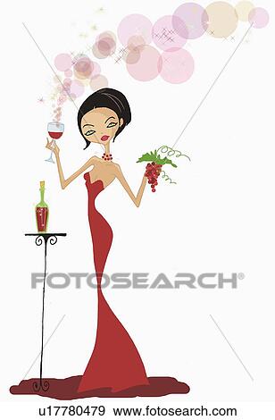 Stock Illustration - Formally dressed woman with a glass of red wine and grapes. Fotosearch