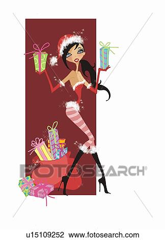 Sexy female Santa Claus with presents View Large Illustration Drawing - Sexy female Santa Claus with presents. Fotosearch