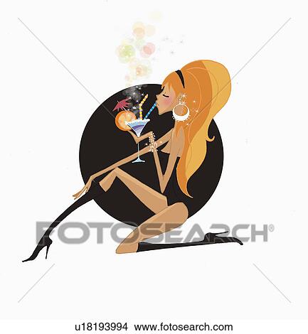 Stock Illustration - Sexy woman in boots drinking a cocktail. Fotosearch