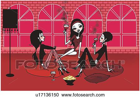 Clipart - Three women sitting on living room floor with a glass of wine. Fotosearch