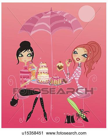 Two young women at a cafe with sweets View Large Illustration Clip Art - Two young women at a cafe with sweets. Fotosearch