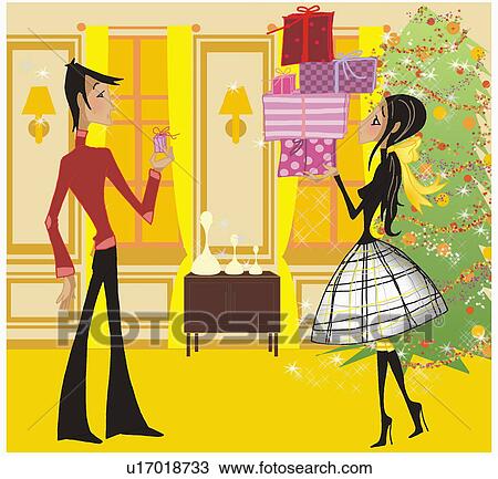 Drawing - Woman holding many Christmas presents to give and man with only one. Fotosearch