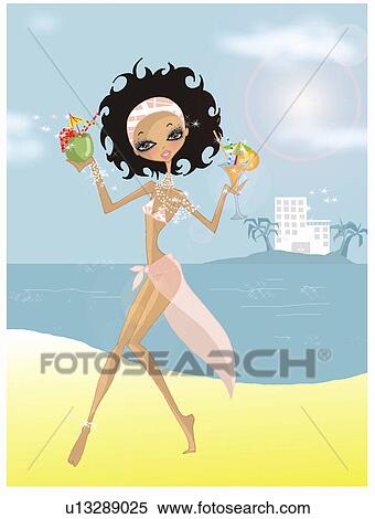 Woman in swim suit and sari with tropical drinks on beach View Large Illustration Stock Illustration - Woman in swim suit and sari with tropical drinks on beach. Fotosearch