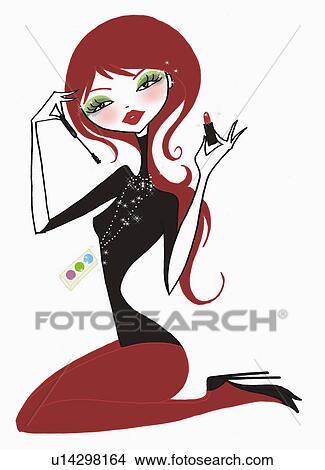Stock Illustration - Woman kneeling with mascara and lipstick. Fotosearch